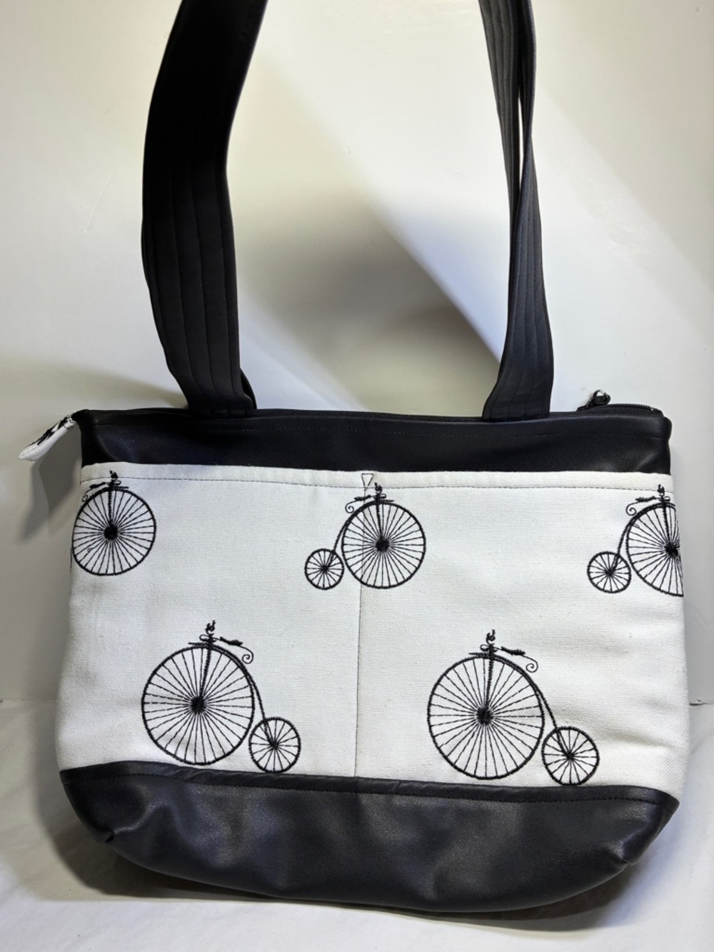 Black and White Bicycle Tote , 4 Outside Pockets , inside print